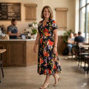 Coldwater Creek Dark Navy Floral Midi Dress Faux Wrap Kentucky Derby (16)